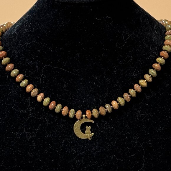 Genuine Earthy Polychrome Jasper Bronze Cat on the Moon Beaded Short Necklace - Picture 3 of 13